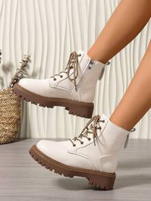 2025新款秋冬'女鞋'厚底大码学生鞋'时尚百搭休闲'女鞋'侧拉链'学生鞋'青少年中学生鞋'学生靴'休闲踝靴 - 白色 - 查看 2