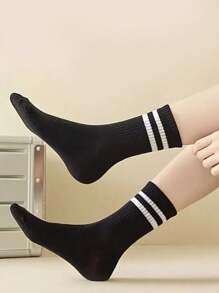 3/5/10 Pairs Of Striped Mid-Calf Socks, Crew Socks, Comfortable And Breathable, Men's And Women's Long Socks, White Socks, Suitable For Daily, Sports, Fall Socks - Multicolor - View 4