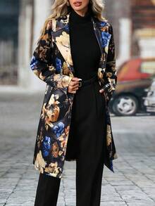 Long-Sleeved Floral Pattern Single-Breasted Suit Jacket - 藍色 - 查看 4