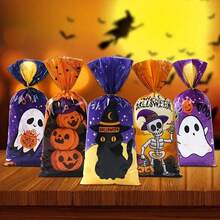 50pcs Halloween Candy Bags With Black Cat, Ghost, Skull And Pumpkin Patterns, Party Favor Bags With Gold Twist Ties, Halloween Treats, Happy Halloween Gift Bags, Halloween Party Supplies, Halloween Home Decor - Multicolor - View 8
