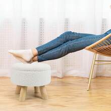 Round Teddy Boucle Storage Ottoman Foot Stool, Soft Sponge Foot Rest With Wooden Legs, Small Upholstered Storage Bench For Entryway, Bedroom, Living Room & Couch - White - View 3