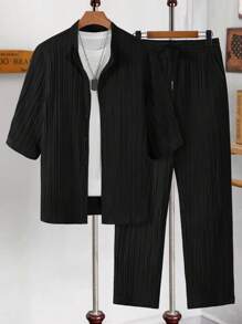 男士罗纹提花面料短袖中式领衬衫，抽绳腰裤两件套西装，必备度假装