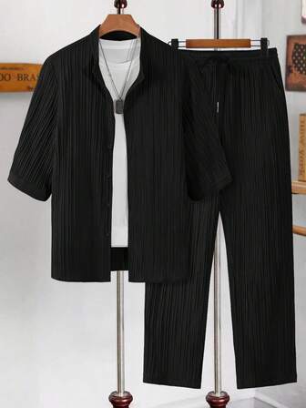 男士罗纹提花面料短袖中式领衬衫，抽绳腰裤两件套西装，必备度假装