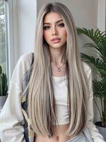 30英寸长直发13*4蕾丝前部手工编织蕾丝化纤发日常进口丝绸派对婚礼音乐节圣诞礼物 - 挑染金色 - 查看 2