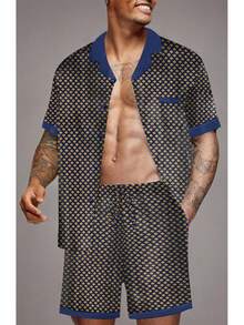 Men Satin Silk Set With Pockets Sleepwear Shorts Satin Summer Loungewear 2 Piece Button Down Set S-3XL - màu nâu - Xem 10