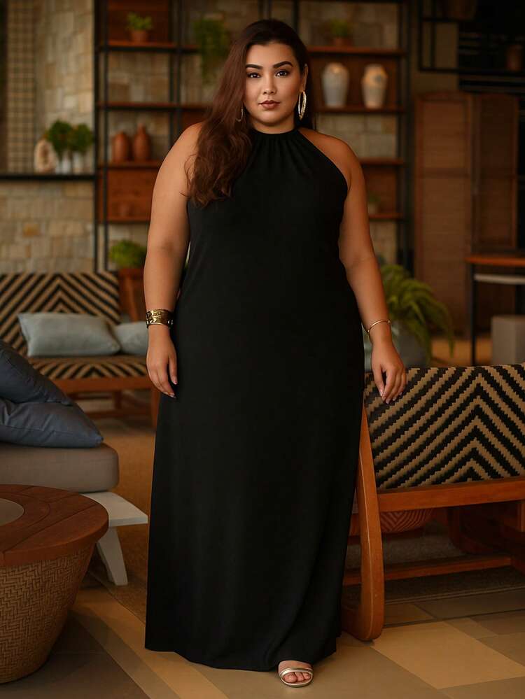 Vestido Longo Plus Size Elegante Frente Única Soltinho Faixa Amarração Liso Casamento Madrinha Convidada - Preto - Visão 6