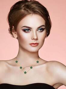 14K Gold Pendant Four Leaf Clover Necklace Women Lucky Flower Jewelry - 綠色條紋-14K鍍金 - 查看 2