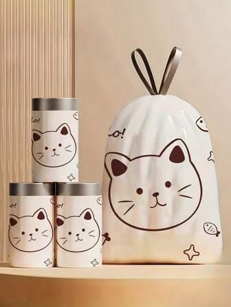 30/60/90 Pcs/Roll 4 Gallon Drawstring Trash Bags, Cute Printed Disposable Garbage Bags, Self-Sealing Trash Bags, Household Tie Trash Bags, Garbage Bags, Multipurpose Trash Bags For Home, Office, Cleaning Supplies, Household Tools