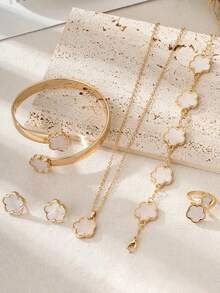 1 Set Alloy Flower Jewelry Set, 1 Necklace, 1 Pair Earrings, 2 Bracelets, 1 Ring, Suitable For Teenage Girls, Back To School Season - Multicolor - View 3
