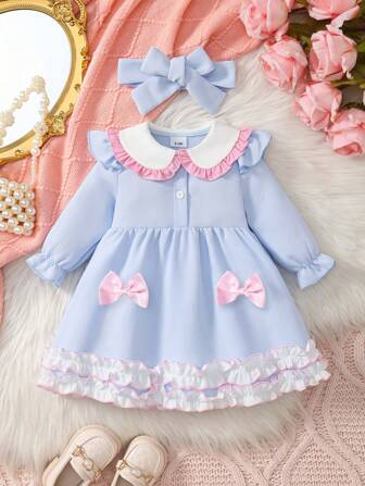 2pcs Baby Girls' Casual Cute Patchwork Doll Collar Half-Zip Waffle Knit Butterfly Decor Double Ruffle Trim Long Sleeve Dress And Headband Set, Spring/Autumn