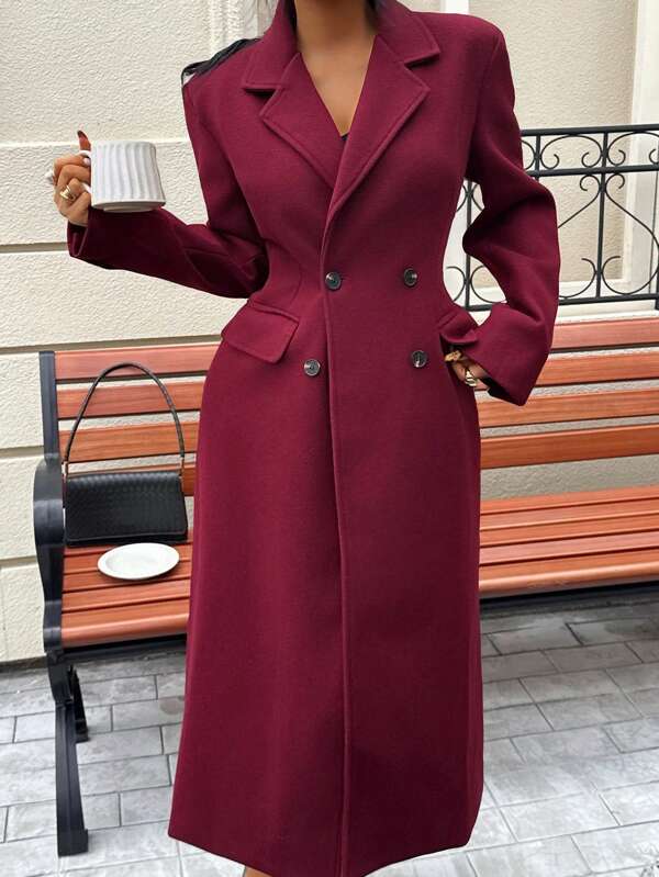 DEEKA Women's Solid Color Turndown Collar Double-Breasted Woolen Coat, Autumn/Winter