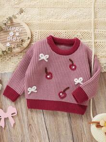 Baby Girls' Round Neck Long Sleeve Pullover Sweater, Cherry + Bow Embroidery, Fashionable And Sweet Style - Pink - View 3