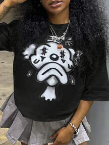 CHICLY19 100% Cotton Women's Oversized Streetwear Graphic T-Shirt - Black Short Sleeve Oversized Tee With Graffiti-Style Melting Bear Print & Dollar Sign Eye Design. Loose Fit Soft Cotton Top, All-Season Casual Streetwear For Urban Outings, Music Festivals, Hangouts & Edgy Styles. Popular Y2K-Themed Tee, Comfortable Relaxed Fit, Perfect For Teens, Young Adults & Street Style Enthusiasts. - 黑色 - 查看 7