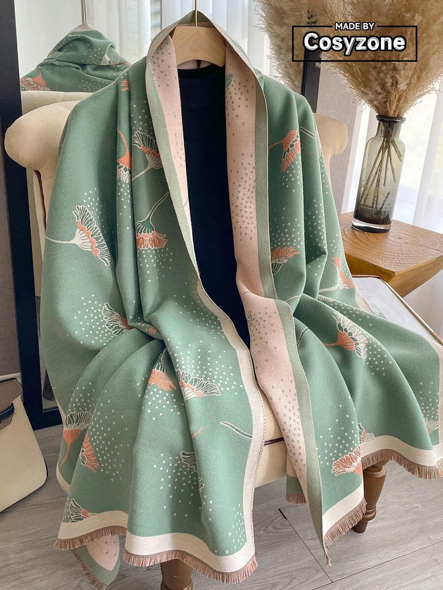1条花卉提花针织仿羊绒保暖围巾/披肩，女士适用，秋冬季百搭时尚配饰，适合作为连衣裙装饰围巾。 - 蒲公英綠色 - 查看 1