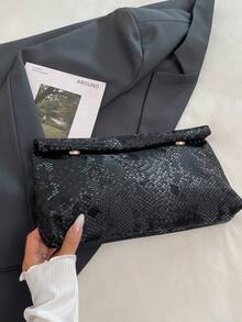 Túi xách thời trang màu trơn, chất liệu PU, dung tích lớn, nắp gập khóa nam châm, túi vuông nhỏ, họa tiết da cá sấu, túi đa năng dự tiệc, dạ hội, thích hợp cho phụ nữ đi du lịch và mua sắm. - màu đen - Xem 6