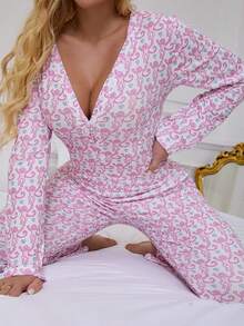 Mono de una pieza con estampado de mono de dibujos animados para mujer, mono de pijama sexy con acanalado, ropa de dormir de una pieza, pijamas familiares de Navidad y vacaciones, otoño