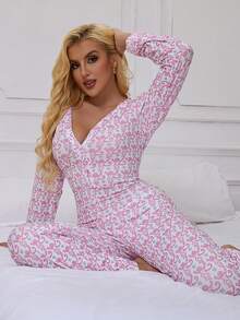 Mono de una pieza con estampado de mono de dibujos animados para mujer, mono de pijama sexy con acanalado, ropa de dormir de una pieza, pijamas familiares de Navidad y vacaciones, otoño