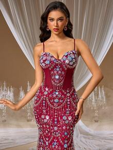 GIFORU Luxury Wine Red Sequin Spaghetti Strap Beaded Mermaid Dress, Fitted Silhouette, New Bride Wedding Gown, Formal Prom Gown, Women's Occasion Dress For Wedding, Party, Birthday - Hot Pink - View 3
