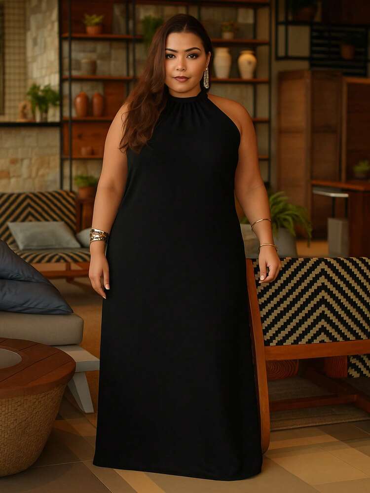 Vestido Longo Plus Size Elegante Frente Única Soltinho Faixa Amarração Liso Casamento Madrinha Convidada - Preto - Visão 7