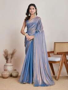 Estationeryhouse Designer Shiny Two Tone Soft Tissue Silk Saree With Antique Embroidered Border, Blouse Piece Included( Blue) - 藍色 - 查看 3