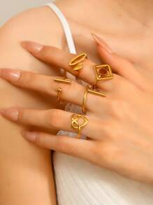 4/5 Teile Set modischer, schlichter Edelstahl-Goldring für Frauen mit geometrischen Linienelementen, geeignet für täglichen Gebrauch, Urlaubsdating, als Geschenkschmuck