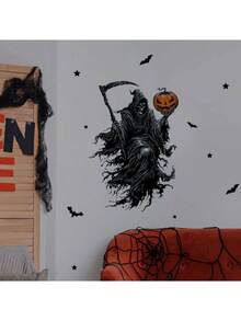 Halloween Reaper Vinyl Wall Decal With Sickle Bats Pumpkin Design, Matte Finish, Detachable, Self-Adhesive, Easy Peel And Stick, Removable, Suitable For For Bedroom, Bathroom, Study Room, Kitchen Art, Fantasy Theme, Halloween Decorations
