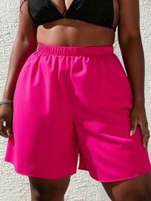 Slaydiva 1pc Plus Size Women's Solid Color Loose Fit Bermuda Shorts, Casual Vacation Beach Shorts