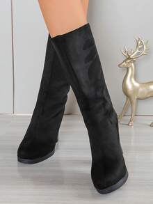 Black Thick Heel Women's Fashion Boots, High Heels, Platform Shoes, Winter Casual Fabric Footwear, Non-Holiday Vacation - Black - View 4