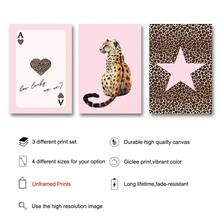 Set Of 3 Unframed Pink Leopard Playing Card Cheetah Star Preppy Art Poster Canvas Print Minimalist Y2K Luxury Girly Room Dopamine Decor Funky Painting For Dorm,Living Room,Bedroom,Modern Home Decoration
