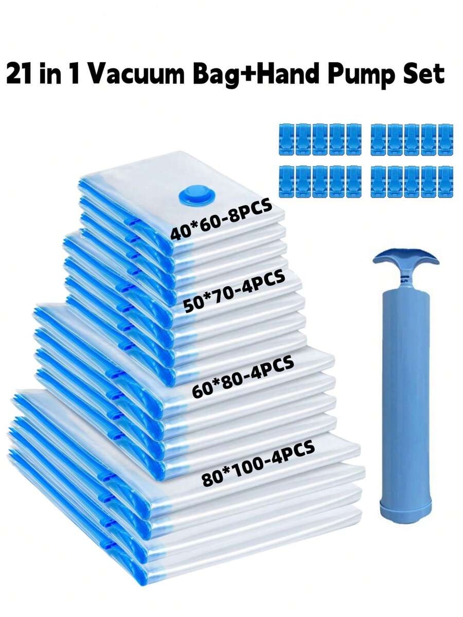 21 In 1 Vacuum Storage Bags Set For Clothes Travel -Vacuum Bag Multi Size Combination+Hand Pump Set With Large Capacity Storage,Travel Pump Vacuum Sealer Bag With Double-Zip Seal And Triple Seal Turbo-Valve For Max Space Save - 無色 - 查看 1