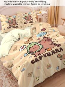 Conjunto de capa de edredom estampada "Capivara dormindo" para 1/2 pessoa, sem enchimento, adequado para adolescentes, quarto masculino, macio e confortável, presente perfeito para fãs de capivara de desenho animado - conjunto de 4 peças (inclui 1 capa de edredom + 2 fronhas + 1 lençol, sem edredom ou travesseiros)