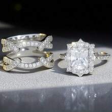Two-Piece Engagement And Proposal Rings, A New Shiny Square Princess Ring Set With Synthetic Zirconia As A Valentine's Day And Christmas Gift - silvery - View 2