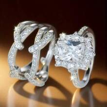 Two-Piece Engagement And Proposal Rings, A New Shiny Square Princess Ring Set With Synthetic Zirconia As A Valentine's Day And Christmas Gift - silvery - View 8