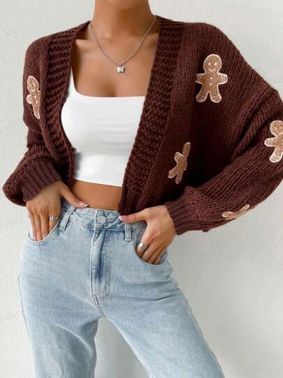 Women's Christmas Gingerbread Man Pattern Stylish Autumn Winter Multicolored Cardigan Elegant Warm Loose Long Sleeve Drop-Shoulder V Neck Chic Fashionable Vintage Embroidery Sweater Cropped Knitted Jumpers Short Coat Suitable For Daliy Commuting Wear Tops Go Out Dates