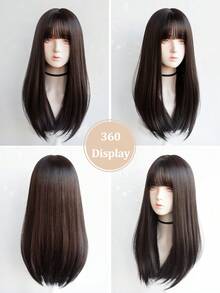 24 Inch Gold Straight Wig With Bangs, Suitable For Women's Daily Wear, Heat Resistant Synthetic Wig