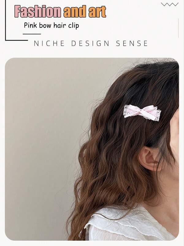 2/3/4pcs Women's French Ballet Style Pink Lace Bow Hair Clips, Bangs & Side Hair Clips, Elegant Headwear For Daily, Holiday, Party, Teacher, Back To School, Valentine's Day, Hair Accessories
