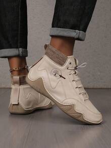 2025 年秋冬女士休闲一脚蹬踝靴，手工缝制，橡胶防滑外底，百搭时尚，适合所有季节 - 米色 - 查看 4