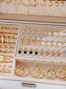 108pcs Simple Faux Pearl & Rhinestone Metal Geometric Stud Earrings & Hoop Earrings Set, Gift For Women, Suitable For Vacation, Date, Daily Casual, Wedding Matching - Vàng - Xem 9