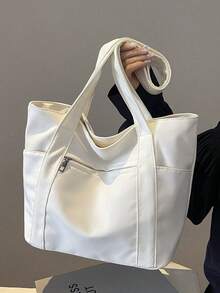 Vintage Solid Color Tote Bag For Women, Fashion Multiple Pockets Hobo Shoulder Bag, Large Capacity Top Handle Vacation Travel Underarm Storage Bag, Casual Handbag Commuting & Going Out, Portable Square Shopping Messenger Bags For Daily Use, Literary School Bag & Book Bag For Women Or Students, Perfect For Books, Shopping, Back To School And More - 彩色 - 查看 7