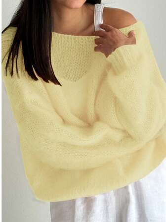 Elegant enfärgad båtringad tröja för kvinnor, avslappnad lös passform långärmad tröja