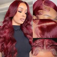 NARNI 34 Inch 99J Burgundy Lace Front Wig 250% Density 13x6 HD Transparent Lace Frontal Human Hair Wigs Glueless Body Wave Human Hair Wig Red Wine 99J Colored Pre Plucked With Baby Hair For Women - S99J - 查看 5