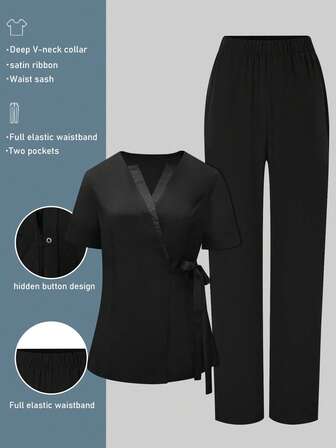 cimmuovere Women's V-Neck Short Sleeve Pocket Twist Blouse And Solid Pocket Pants Uniform Set, Suitable For Beautician, Wellness Center, Scrubs, Nurse Scrubs, Workwear, Dentist, Healthcare, Pet Hospital, Laboratory