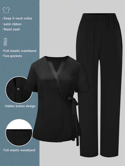 cimmuovere Women's V-Neck Short Sleeve Pocket Twist Blouse And Solid Pocket Pants Uniform Set, Suitable For Beautician, Wellness Center, Scrubs, Nurse Scrubs, Workwear, Dentist, Healthcare, Pet Hospital, Laboratory