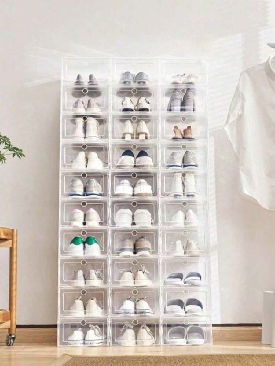 6/12个装透明塑料鞋盒，卧室收纳盒，可折叠翻盖，透明鞋柜，可放置于床下 - 彩色 - 查看 1