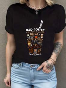 Camiseta Espresso Latte para mujer, cuello redondo, moda femenina Camiseta de manga corta de algodón de 220 g, impresión por una cara - Negro - Ver 1