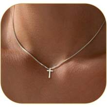 Gold Necklace Women, 14K Gold Plated Charm Box Chain Choker Dainty, Christian Religious Faith Small Pendant Necklace Non Tarnish - 交叉電纜鏈 - 查看 4