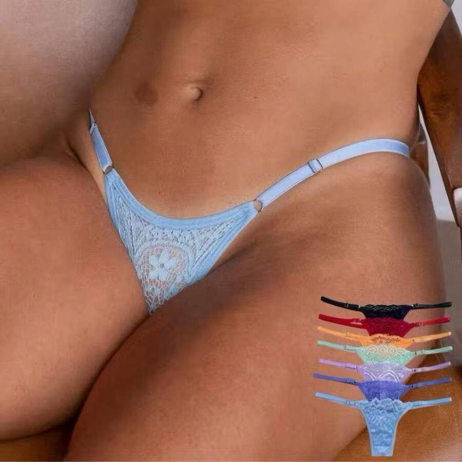 Kit 5 Calcinhas Regulagem Fio Dental Lingerie Renda - Multicolorido - Visão 1