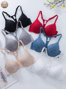 6 件女士蕾丝钢圈聚拢文胸，时尚性感前扣内衣文胸 - 彩色 - 查看 1