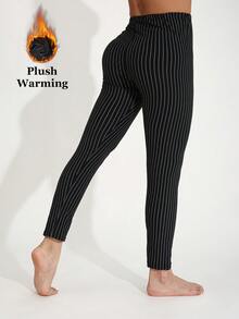 Women's Thermal Lined Black Leggings, European And American Fashion Casual Minimalist Line Pattern All-Over Print, Elegant Stretchy Skinny Pants For Home, Workout, Yoga, Gym, Running, Outdoor Walking, Party, Gift