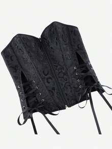Top de forme de corset jacquard, bustier pour femme. Avec baleinage à l'avant, fermeture éclair à l'avant, ruban réglable à l'arrière, ruban croisé sur les côtés affinant et sexy. Convient pour les fêtes d'Halloween, les bals - Noir - Voir 5